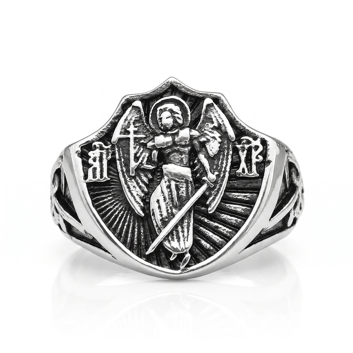 Archangel Michael shield signet ring in stainless steel, front view on white background