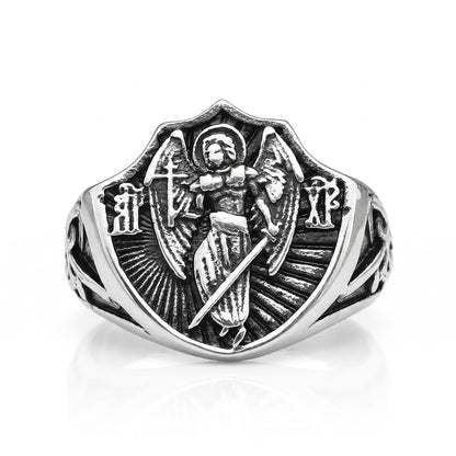 Archangel Michael shield signet ring in stainless steel, front view on white background