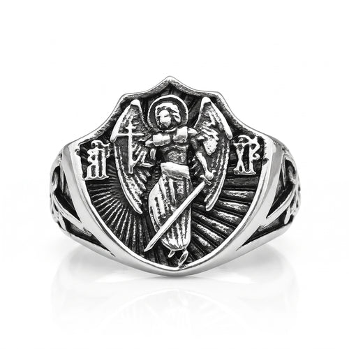 Archangel Michael shield signet ring in stainless steel, front view on white background