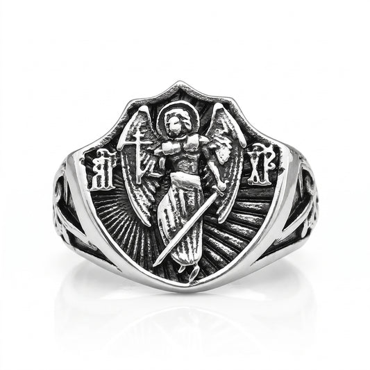 Archangel Michael shield signet ring in stainless steel, front view on white background
