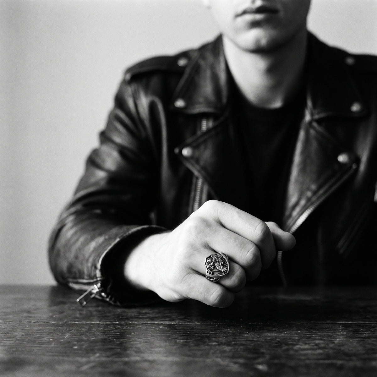 Black and white photo of a fist resting on a wooden table wearing the Archangel Michael signet ring