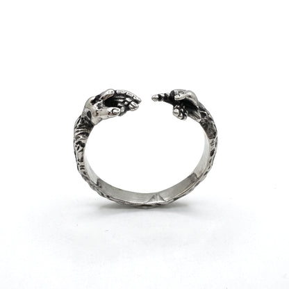 Ascension hands of God open stainless steel ring, front view on white background