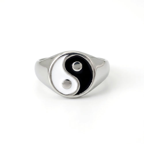 Eclipse yin-yang signet ring in stainless steel, front view on white background