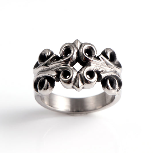 Enigma engraved hollow stainless steel ring, front view on white background