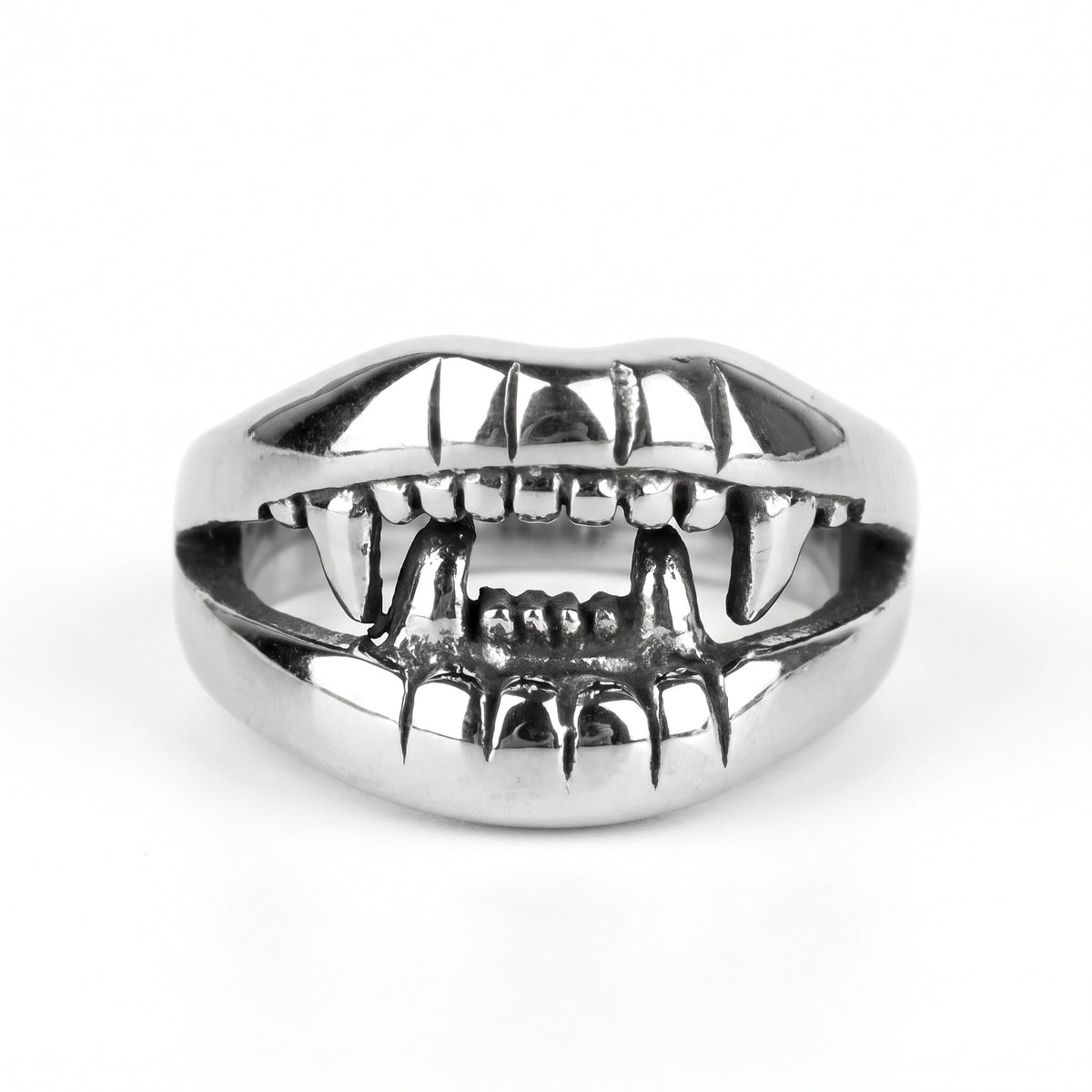 Fang devil mouth stainless steel ring, front view on white background