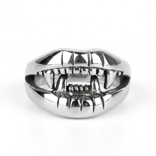 Fang devil mouth stainless steel ring, front view on white background