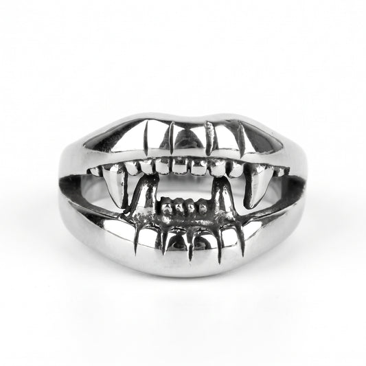 Fang devil mouth stainless steel ring, front view on white background