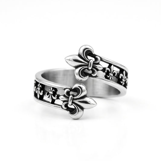 Gloaming layered iris open stainless steel ring, front view on white background