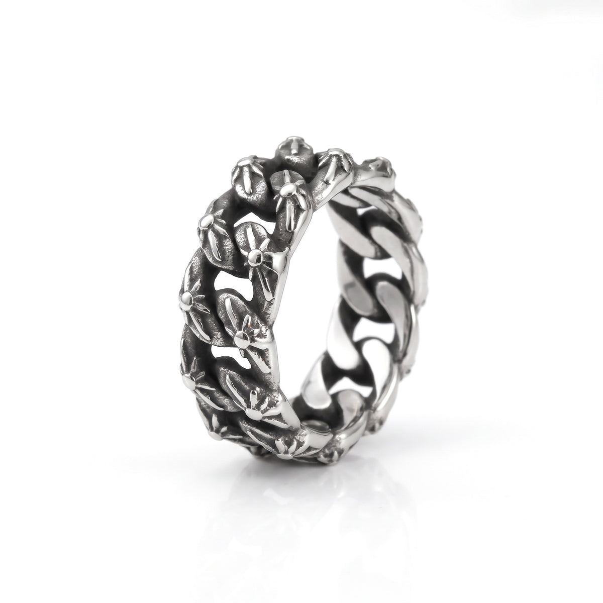 Havana 9mm Cuban link ring in stainless steel, front view on white background