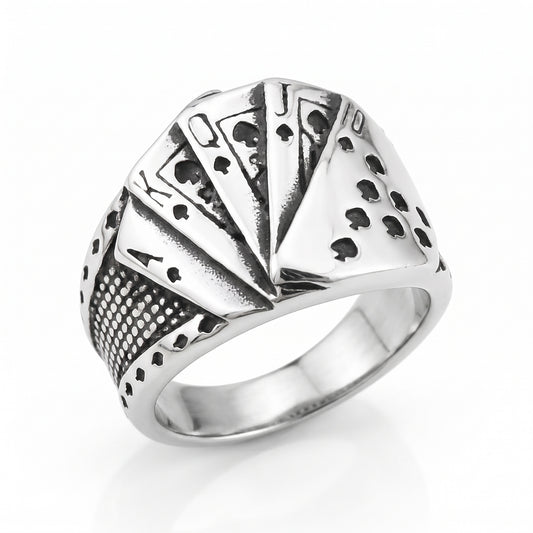 High Roller playing card ring in stainless steel, front view on white background