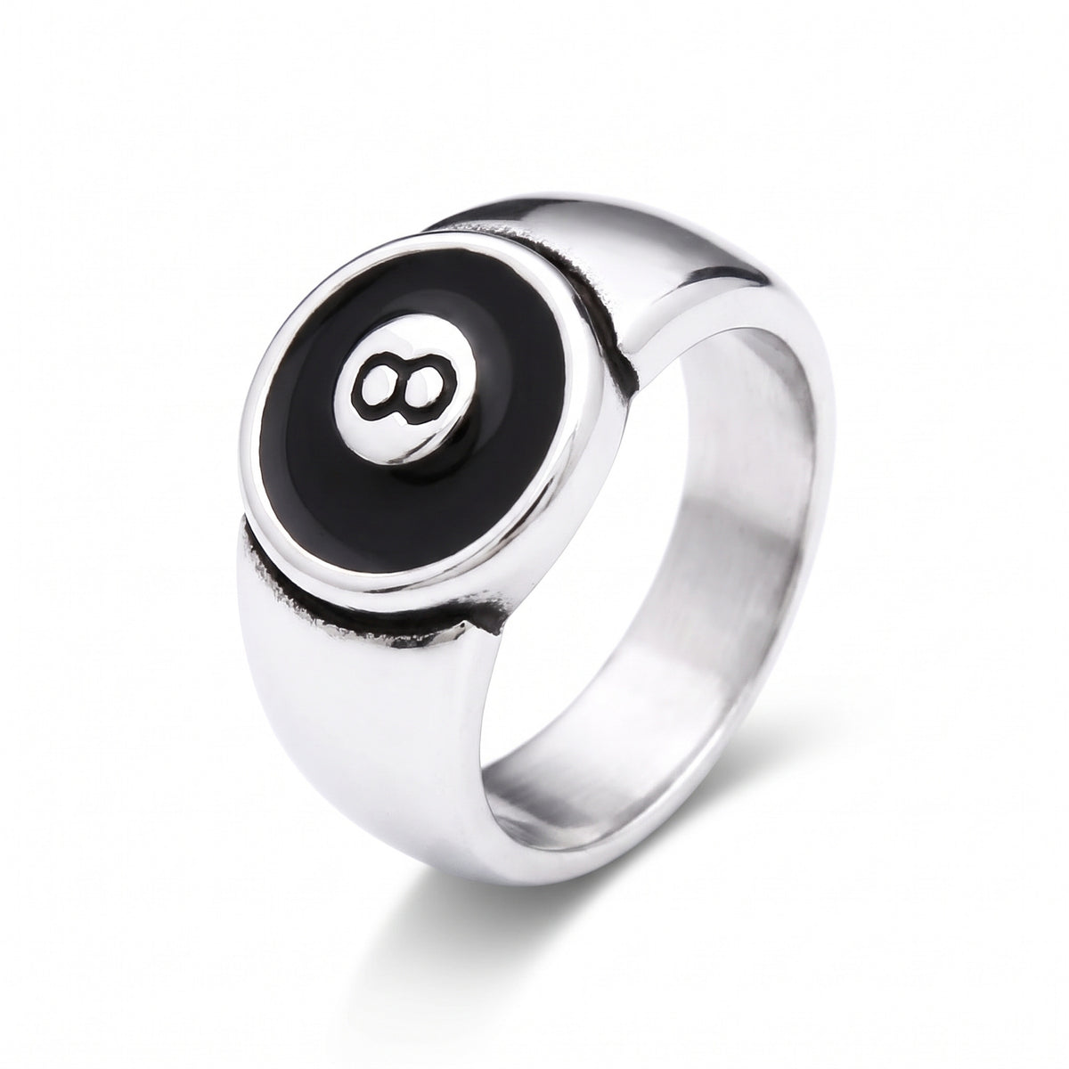 Hustler 8-ball stainless steel signet ring, front view on white background