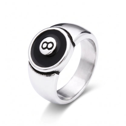 Hustler 8-ball stainless steel signet ring, front view on white background