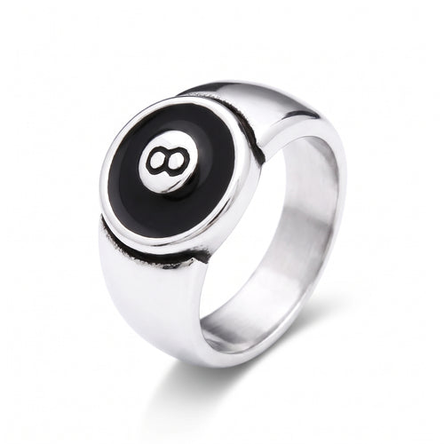 Hustler 8-ball stainless steel signet ring, front view on white background
