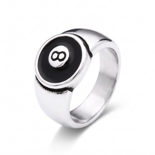Hustler 8-ball stainless steel signet ring, front view on white background