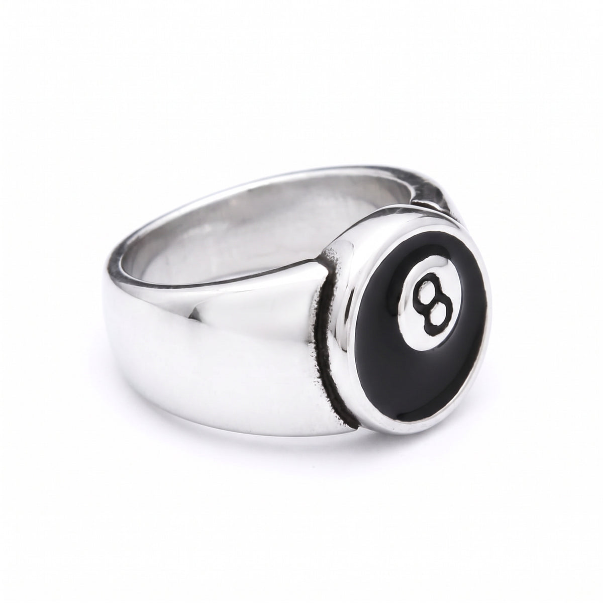 Hustler 8-ball stainless steel signet ring, side view on white background