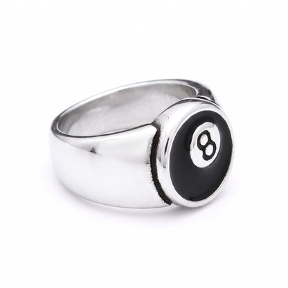 Hustler 8-ball stainless steel signet ring, side view on white background