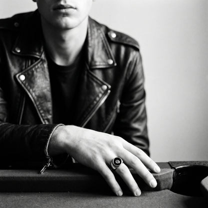 Young man's hand resting on a pool table edge in a black leather jacket, wearing the Hustler 8-ball ring, black and white 35mm film