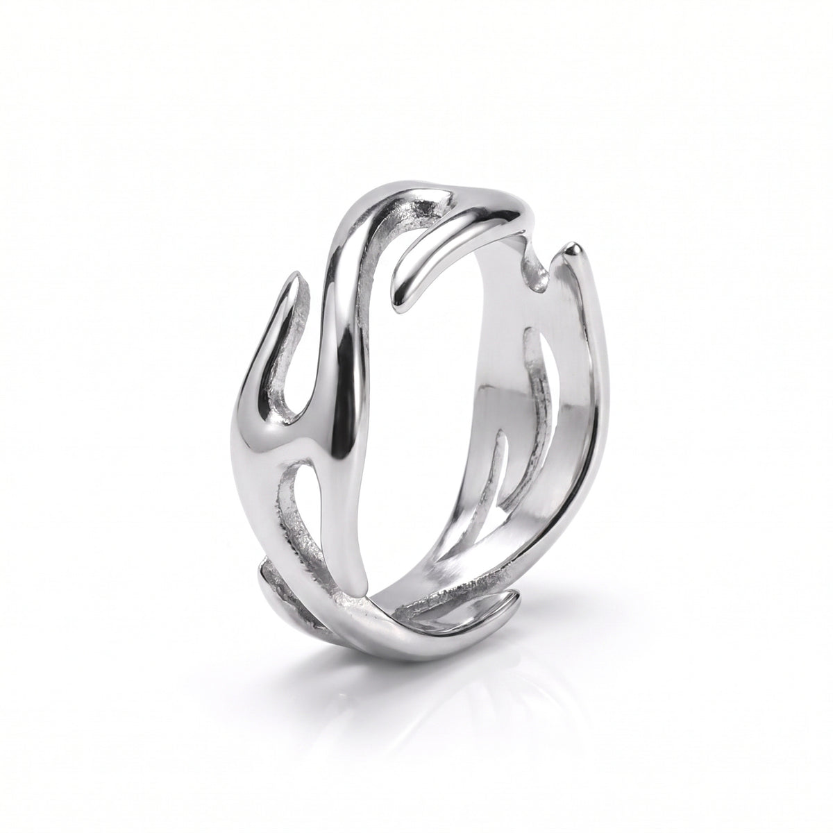 Inferno flame open ring in polished stainless steel, front view on white background