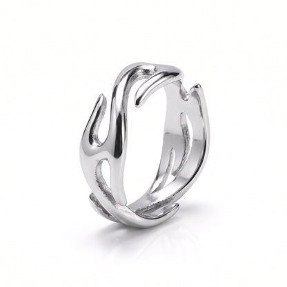 Inferno flame open ring in polished stainless steel, front view on white background
