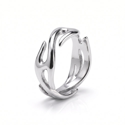 Inferno flame open ring in polished stainless steel, front view on white background