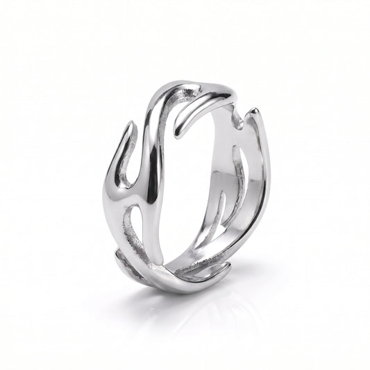Inferno flame open ring in polished stainless steel, front view on white background