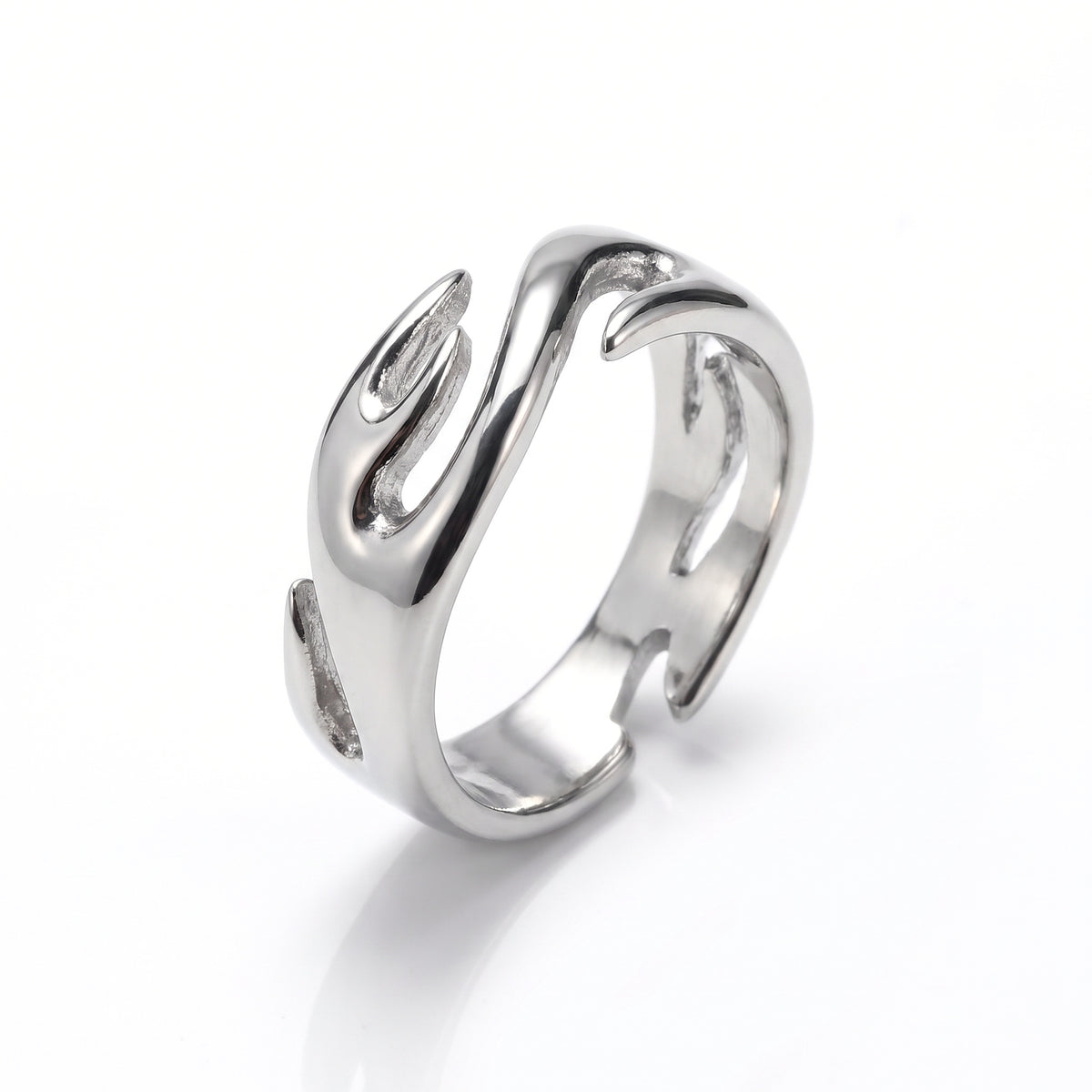 Inferno flame open ring in polished stainless steel, angled view from above on white background