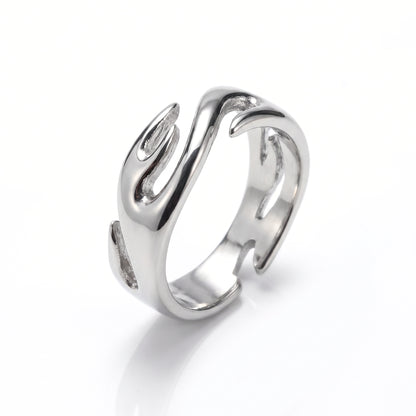 Inferno flame open ring in polished stainless steel, angled view from above on white background