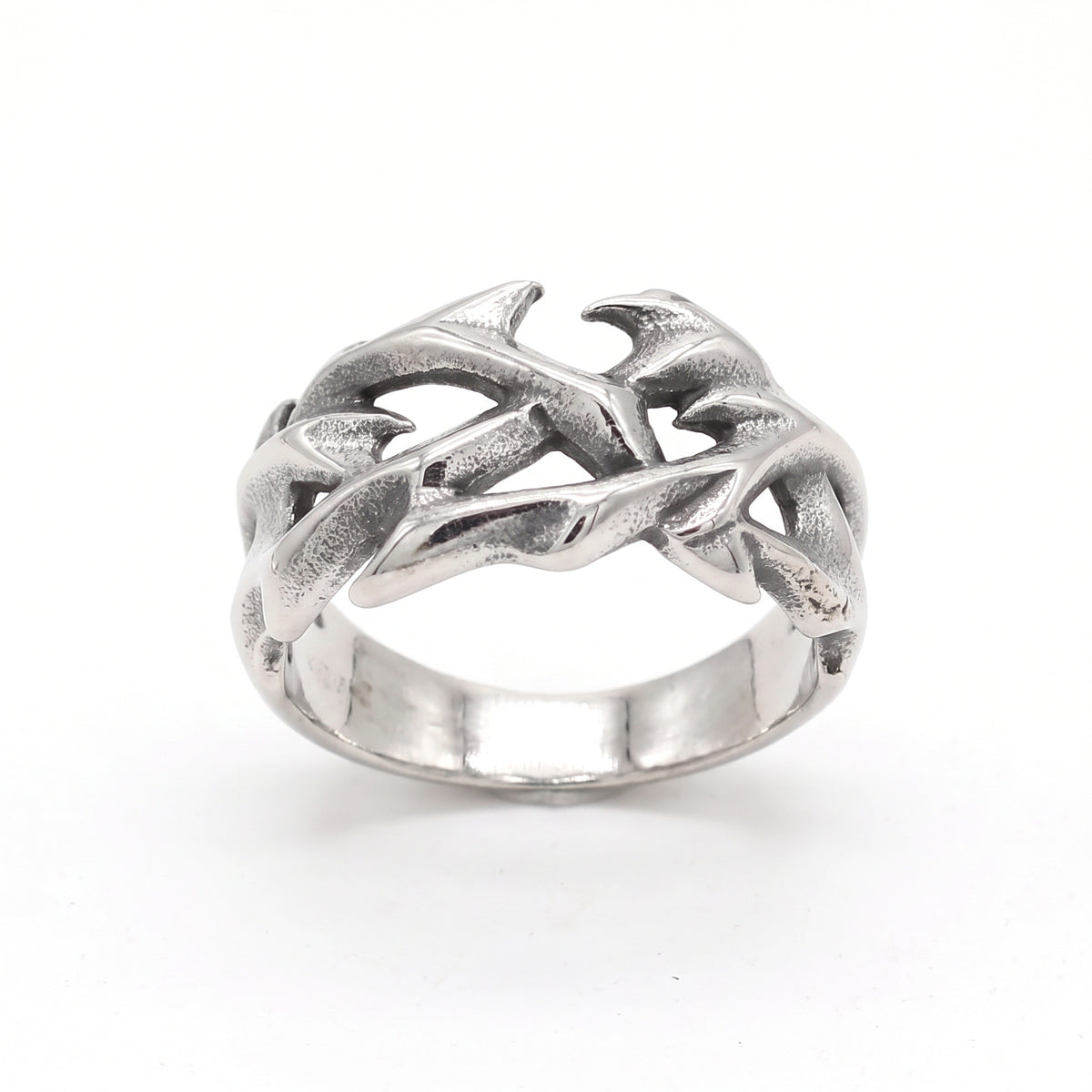 Penance crown of thorns ring in stainless steel, front view on white background