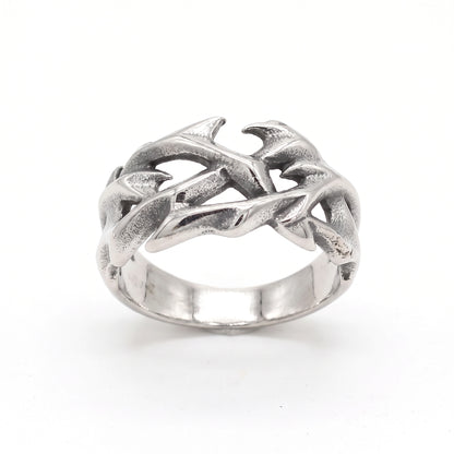 Penance crown of thorns ring in stainless steel, front view on white background