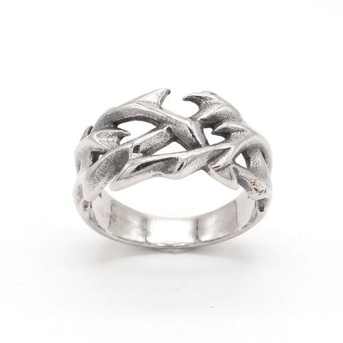 Penance crown of thorns ring in stainless steel, front view on white background