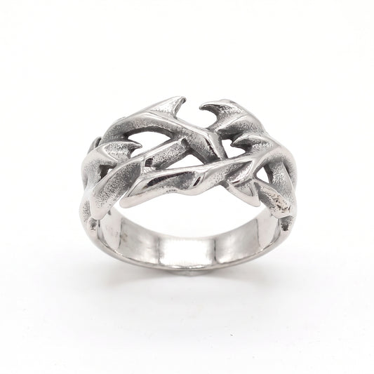 Penance crown of thorns ring in stainless steel, front view on white background