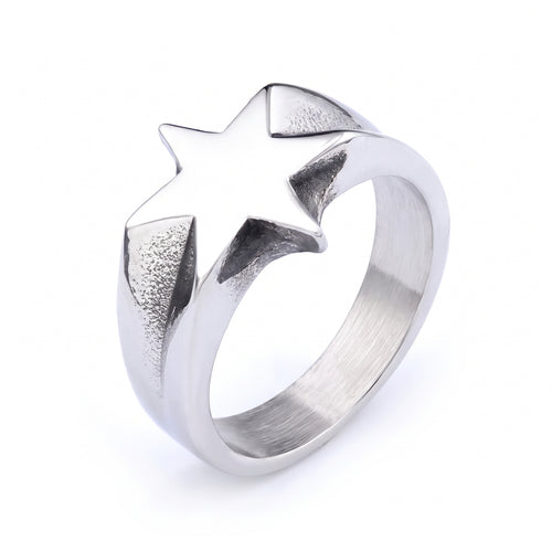 Polaris six-point star stainless steel ring, front view on white background