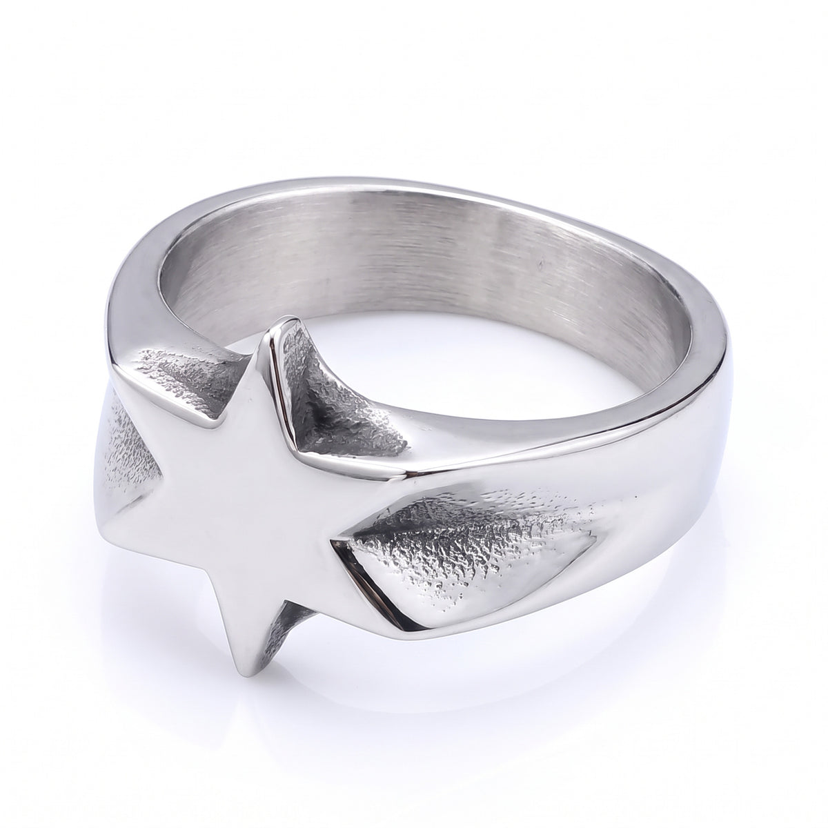 Polaris six-point star stainless steel ring, three-quarter view on white background