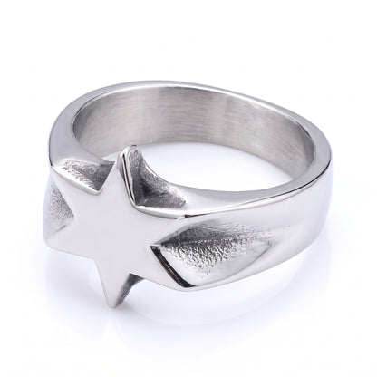 Polaris six-point star stainless steel ring, three-quarter view on white background