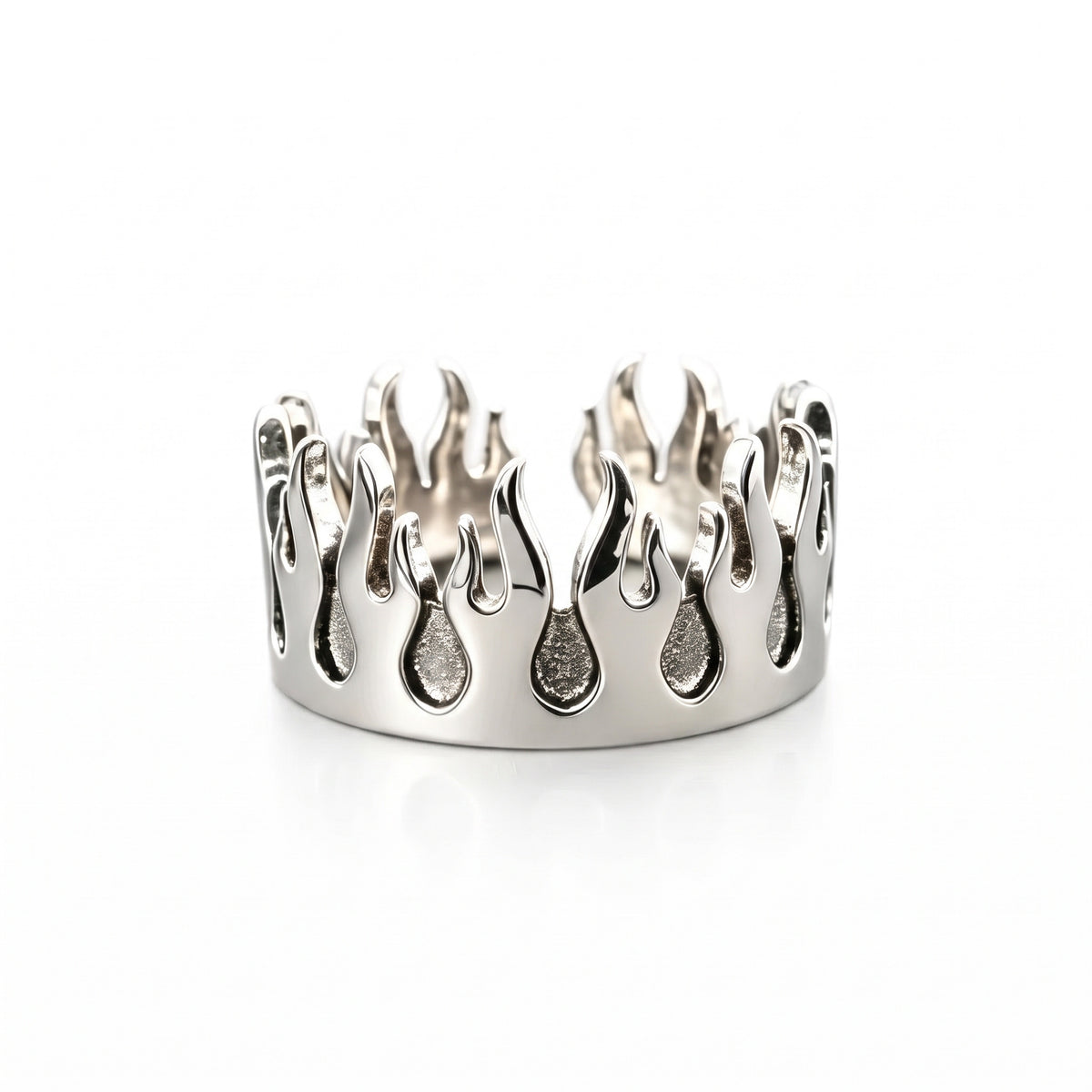 Pyre Flame Open Band Ring in silver-tone stainless steel, front view on a white background