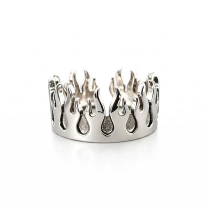 Pyre Flame Open Band Ring in silver-tone stainless steel, front view on a white background
