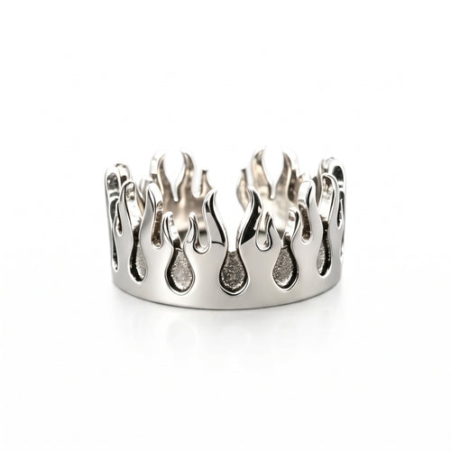 Pyre Flame Open Band Ring in silver-tone stainless steel, front view on a white background