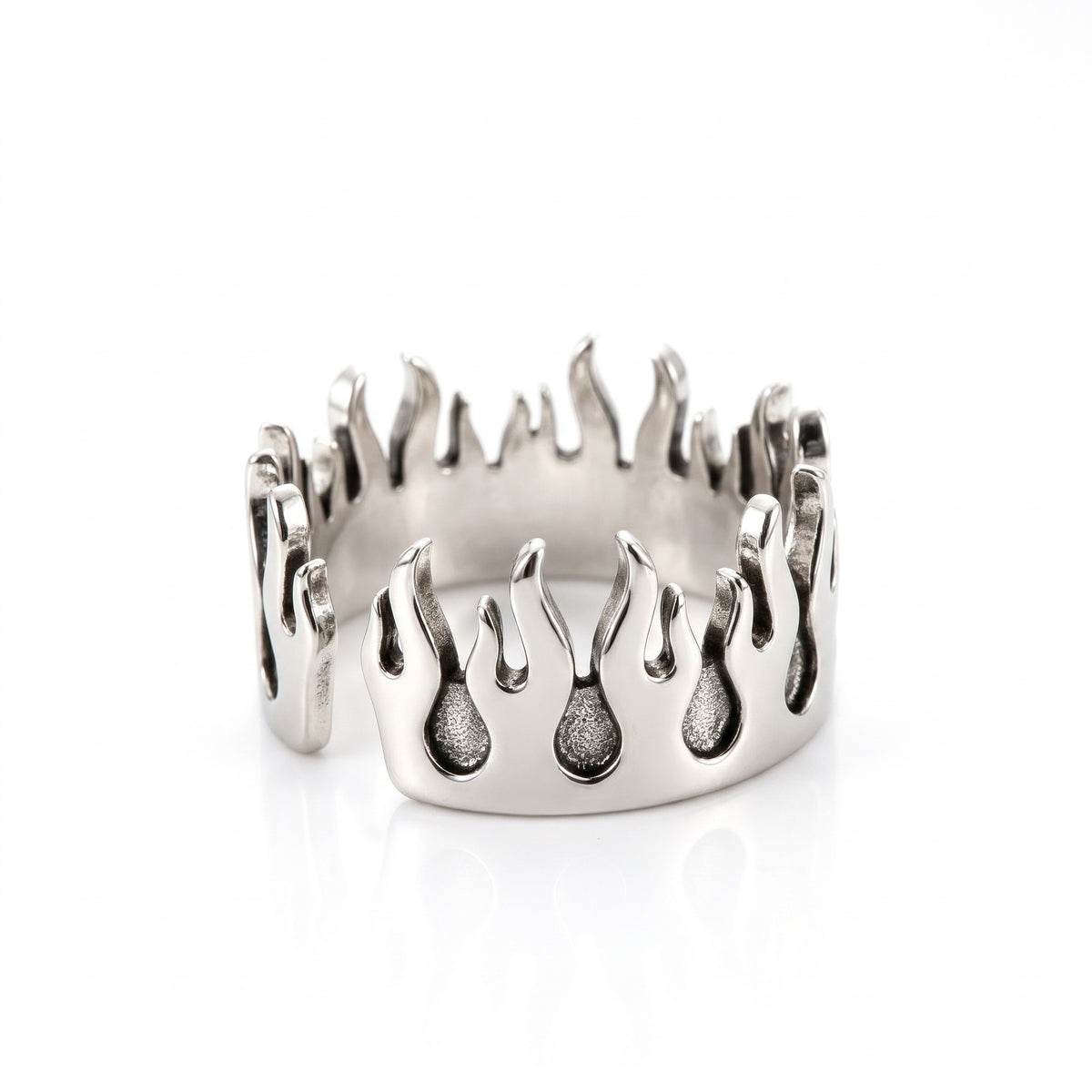 Pyre Flame Open Band Ring, side view showing the open gap, on a white background