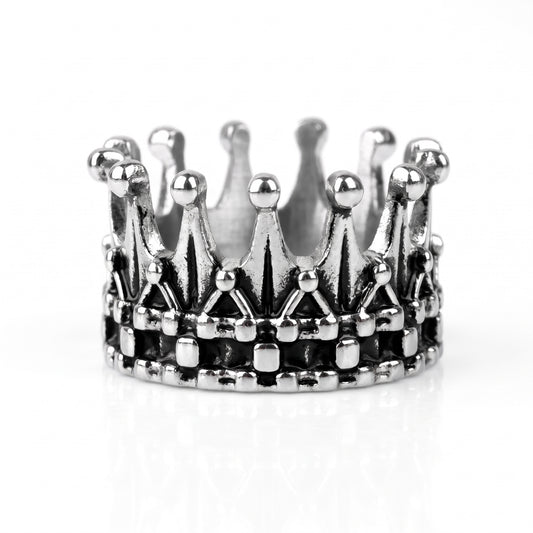 Regent Crown Ring, front view: stainless steel crown ring with ball-tipped spires and a studded block band, on white background