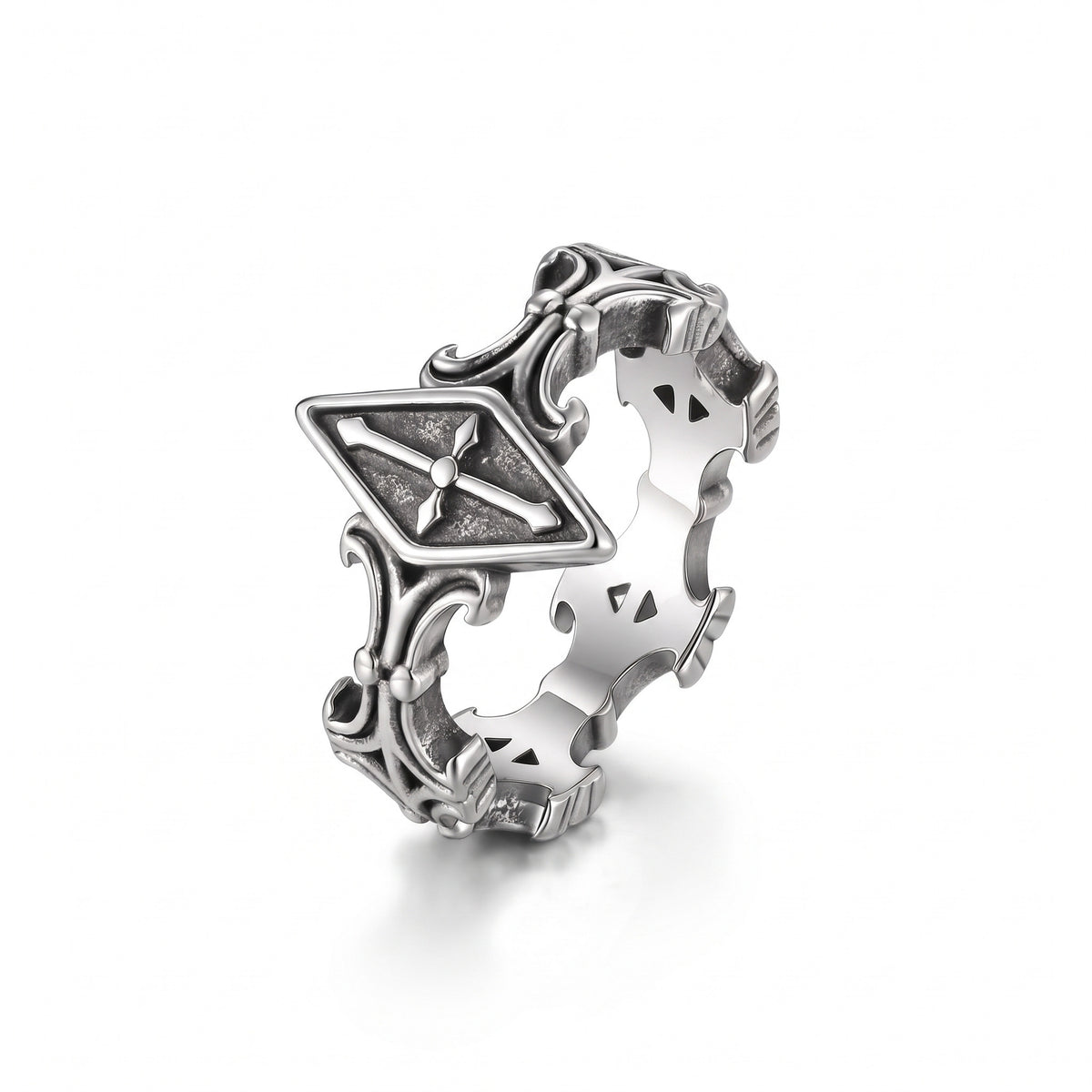 Relic rhombus cross ring in stainless steel, front view on white background