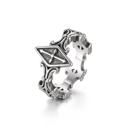 Relic rhombus cross ring in stainless steel, front view on white background