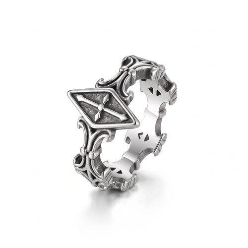 Relic rhombus cross ring in stainless steel, front view on white background