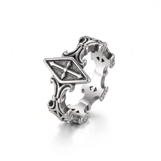 Relic rhombus cross ring in stainless steel, front view on white background