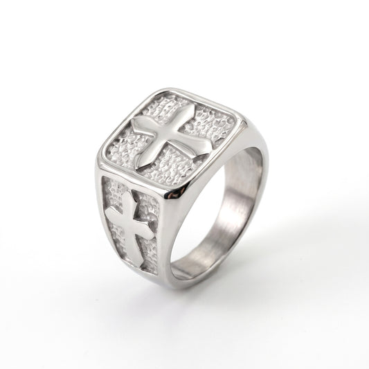 Riot chunky cross band ring in stainless steel, front view on white background