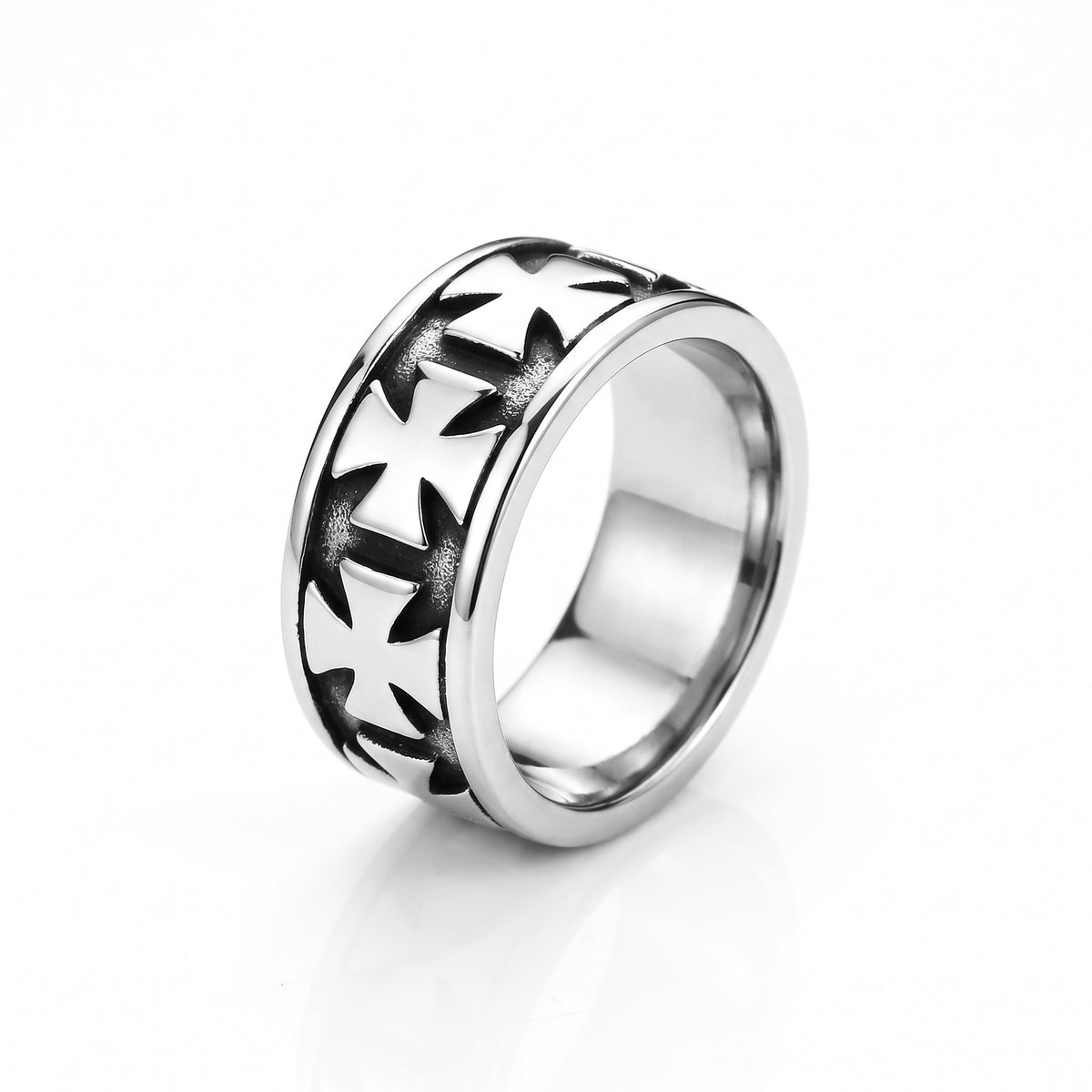 Sacrament cross band stainless steel ring, front view on white background