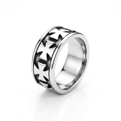 Sacrament cross band stainless steel ring, front view on white background