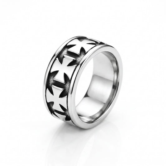 Sacrament cross band stainless steel ring, front view on white background