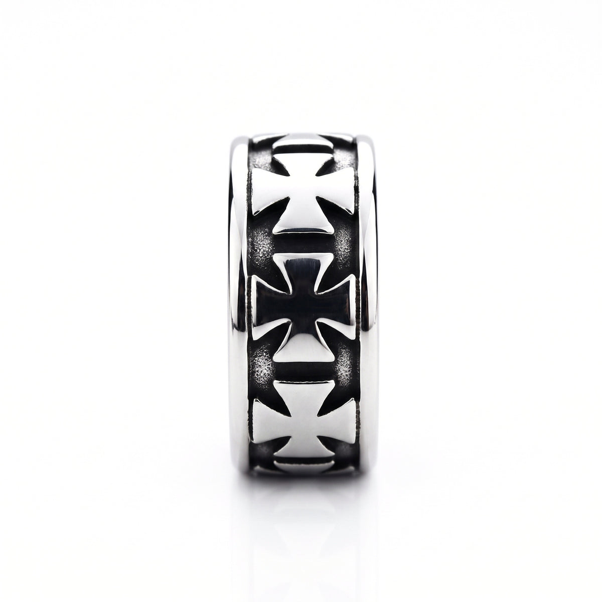 Sacrament cross band stainless steel ring, side view on white background