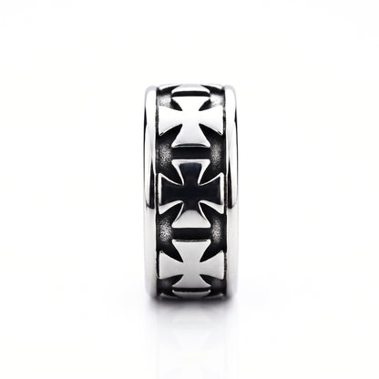 Sacrament cross band stainless steel ring, side view on white background