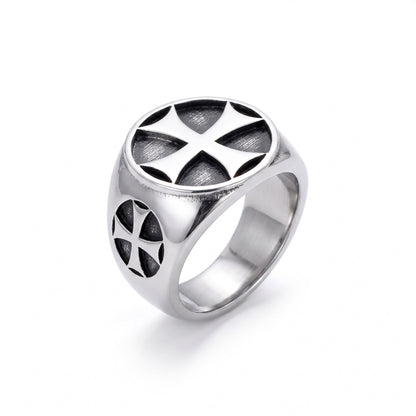 Seneschal Templar cross signet ring in stainless steel, front view on white background